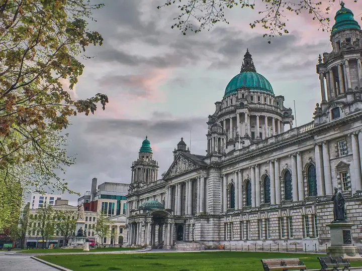 Belfast City Hall and its green copper dome on a spring morning