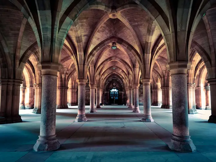 Vaulted stone cloisters at the University of Glasgow
